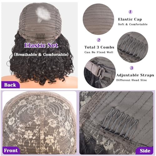Short Curly Wig With Bangs Human Hair Curly Human Hair Wig With Bangs For Women Glueless 250% Density Water Wave Human Hair Wig With Bangs Natural Black 12Inch
