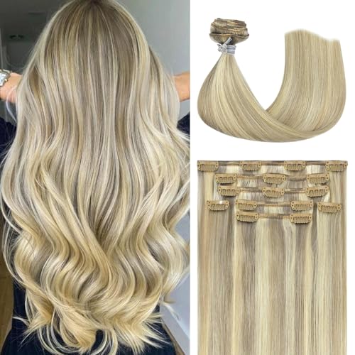 Honsoo Blonde Human Hair Clip In Extensions Mixed Bleach Blonde Highlights Clip In Hair Extensions Real Human Hair 115g 22in 7pcs No Tangles Long Hair