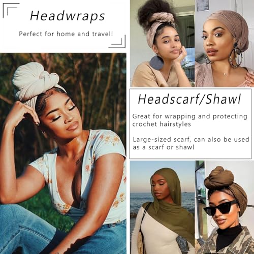 COOKOO 2 Piece Long Solid Color Stretch Head Wrap African Women's Jersey Turban Fashion Head Scarf Ultra Soft Extra Long Headwraps Lightweight Breathable Head Bands Ties for Women(Black+Army Green)