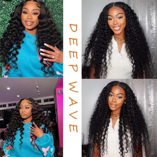 12A Deep Wave Bundles Human Hair Wet and Wavy Bundles 100% Unprocessed Brazilian Virgin Human Hair Weave 3 Bundles Deep Curly Bundles Remy Human Hair Extension Natural Black Color 22 24 26 Inch