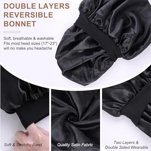 MoHern Bonnets for Men, Double Layer Satin Hair Bonnet for Sleeping, Reversible Night Cap, Black Bonnet for Curly Hair, Satin Bonnet for Black Men and Women