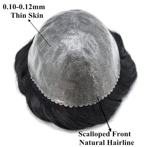 Toupee for Men Hair Piece Real Human Hair Full Poly Hair System for Men Hair Replacement Systems Invisible Thin Skin Natural Looking Protesis Capilar Para Hombre 8x10 1B# OFF BLACK 120% Density