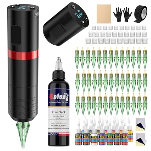 Tattoo Gun,Solong Wireless Tattoo Gun Kit Smart Screen with 40Pcs Tattoo Cartridge Needles 120ML Black Tattoo Ink Complete Tattoo Kit SLE92KITB-2