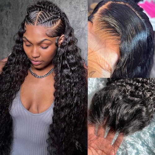 30 Inch Deep Wave Lace Front Wigs Human Hair 200 Density 13x6 HD Lace Frontal Wigs Human Hair Pre Plucked Deep Curly Glueless Wigs Human Hair for Women Natural Black