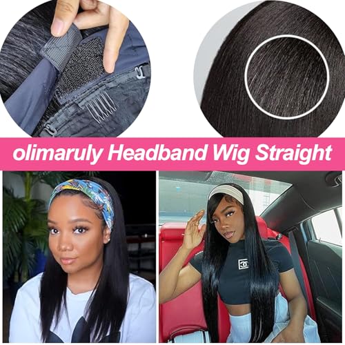 Headband Wig Human Hair 20 Inch Straight Headband Wigs 180% Density Glueless Wigs for Black Women Glueless No Lace Front Human Hair Natural Color Brazilian Virgin Hair