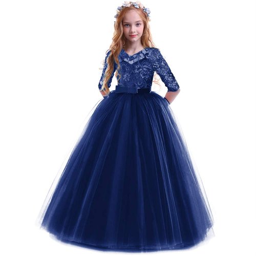 Flower Girls 3/4 Sleeve Maxi Tulle Lace Wedding Bridesmaid Party Dress Floor Length A Line Formal Pageant Long Prom Evening Dance Ball Gowns for Kids Navy Blue-3/4 Sleeve 7-8 Years