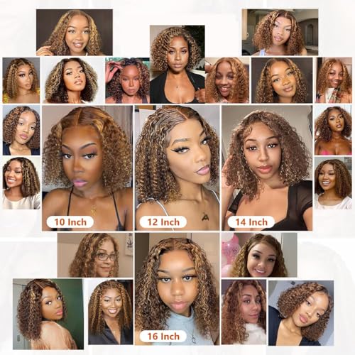 Wear and Go Glueless Wig Human Hair Pre Plucked Pre Cut 4/27 Highlight Ombre Bob Wig Human Hair Honey Blonde Deep Wave HD Lace Front Wig 4x4 Curly Closure Human Hair Wigs for Women 10 INCH