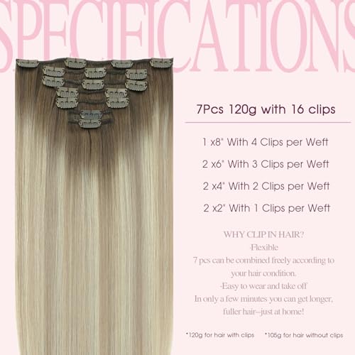 PINKPEARL Clip in Hair Extensions Real Human Hair, 16 Inch 120g 7pcs Human Hair Extensions Clip In, #8/60/18 Balayage Ash Brown to Platinum Blonde and Ash Blonde(#8/60/18-16)