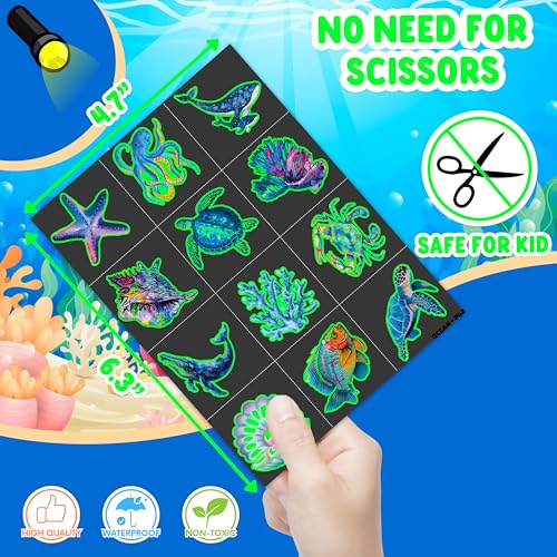 96 PCS Ocean Pre?Cut Luminous Temporary Tattoos Themed Birthday Party Decorations Favors Supplies D?cor Glow In The Dark Shark Sea Turtle Tattoo Stickers Gifts For Game Boys Girls (Glow in the Dark)