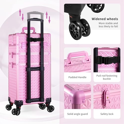 3 in 1 Rolling Makeup Train Case Professional Large Cosmetic Trolley Cosmetology Case on Wheels Traveling Cart Trunk for Hairstylist Artist Nail Beauty Salon Barber, Pink