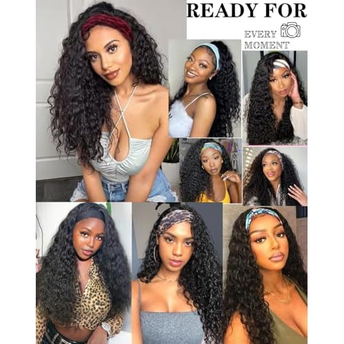 VITALITY Headband Wig Human Hair 24 Inch Italian Wavy Headband Wig 180% None Lace Front Wig With Drawstring Wigs Curly Machine Made Wigs Glueless Wigs for Black Women Natural Black