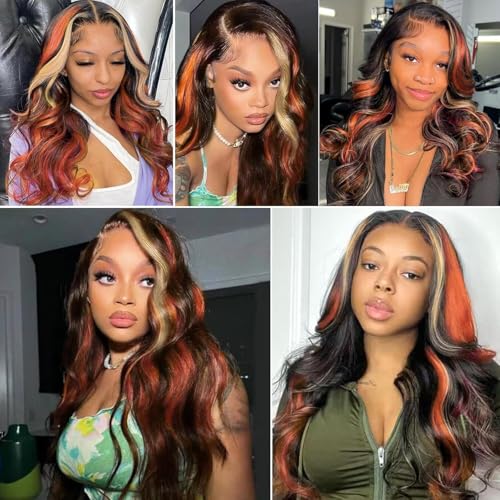 Ginger Blonde Highlight Wig Human Hair Multi Colored Ombre Lace Front Wigs Orange and Honey Blonde Skunk Stripe Human Hair Wig Body Wave Hd Lace Frontal Wig 13x4 Pre Plucked 180% Density 24 In