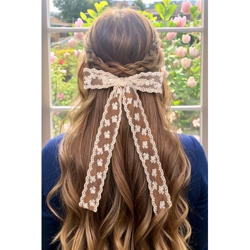 4Pcs Large lace Hair Clips for Women Girls,Lace Tassel Bows Metal Clips with Long Tail Ribbons,Cute Hair Bows Barrette for Hair Accessories(Black,White)