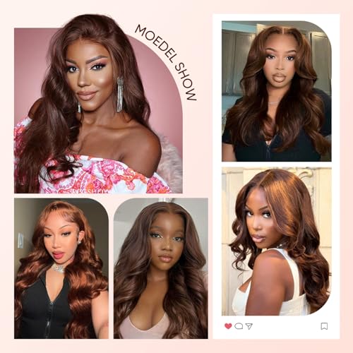 Chocolate Brown Lace Front Wigs human hair Pre Plucked with Baby Hair, 13x6 HD Body Wave Brown Lace Frontal Wigs Human Hair, 180 Density Colored Glueless Brown Wig Human Hair for Women 32inch