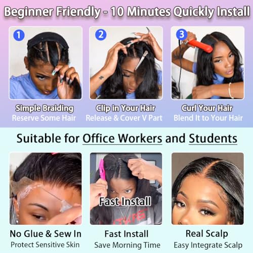 V Part Wig Human Hair Body Wave Natural Black 24 Inch | Body Wave Human Hair Wig Upgrade U Part Human Hair Wigs for Black Women Glueless Wig Wear and Go 180 Density