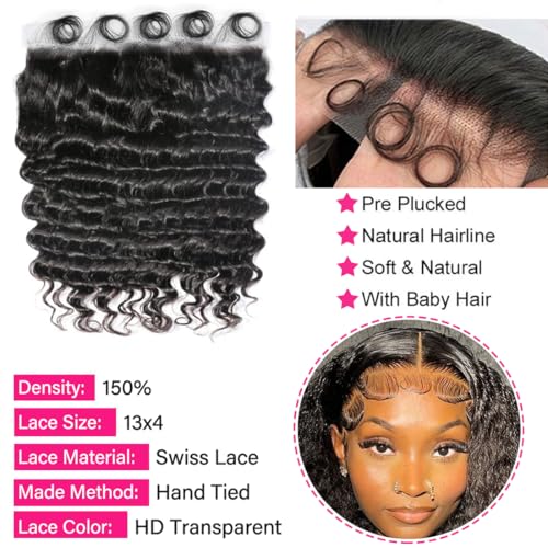 Deep Wave 3 Bundles with Frontal 13x4 Free Part Lace Frontal with Bundles 100% Unprocessed Virgin Human Hair Extensions Natural Color (22 24 26+20)