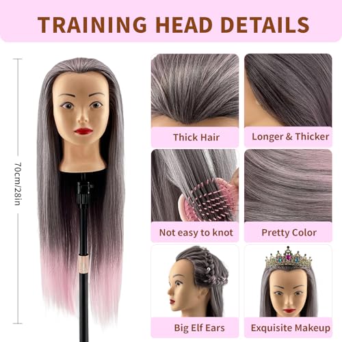 28" Cosmetology Mannequin Head With Hair - Doll Head For Hair Styling | wig Mannequin Head For Braiding, Cutting & Styling Practice | Includes Free Wig Stand & Hair Tools Set (Dark Pink)