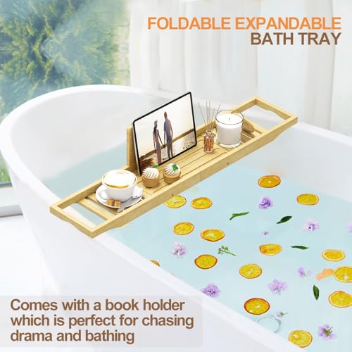 Bathtub Tray Caddy - Bath Tray - Bath Tub Table Tray Caddy - Bamboo Bath Tray for Tub