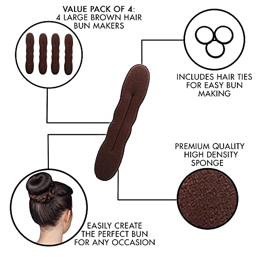 Styla Hair Brunette 4 Count Hair Bun Maker Accessories, Large Foam Sponge Shaper for Easy Bun Twister, Ballet Buns, French Twist, Updo's, Waves & more - Strong, Flexible, Reusable
