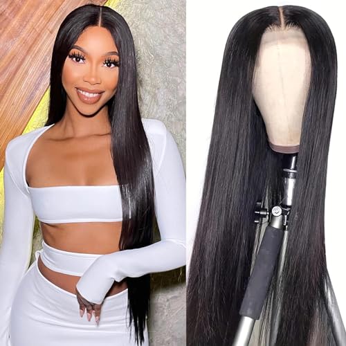 13x6 Straight Lace Front Wigs Human Hair 30 Inch 180 Density Pre Plucked with Baby Hair HD Transparent Lace Frontal Wigs Glueless for Women Nature Black Color