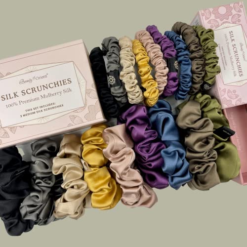 Silk Scrunchies | Premium Handcrafted 25 Momme Mulberry Silk Hair Bands | Elastics Ties Ponytail Holders and Hair Accessories (Small Scrunchies (3), Bedrock, Midnight, Champagne)
