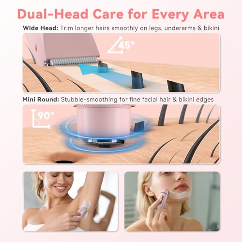 Dual-Head Bikini Trimmer for Women ? 2-in-1 Electric Razor, IP67 Waterproof Wet & Dry Pubic Hair Trimmer, Face & Body Shaver with LED% Display, USB-C Rechargeable-X1 Pro Petal Pink