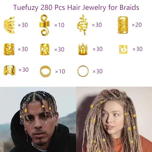 280 Pcs Gold Hair Jewelry Braid, Hair Accessory, Hair Dreadlock Accessory Braid, Metal Gold Braids Rings Cuffs Clips for Dreadlock Accessory Jewelry Decorations