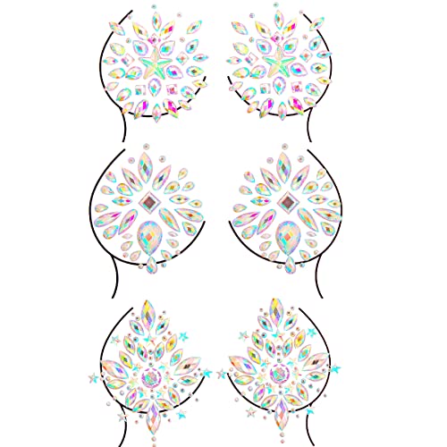 Temporary Tattoo Stickers Jewels Rhinestone Festival Accessories DIY Self Adhesive Crystal Body Jewelry Stickers Makeup Stick Gems Glitter Flower Chest Stickers For Women and Girls 3Pcs