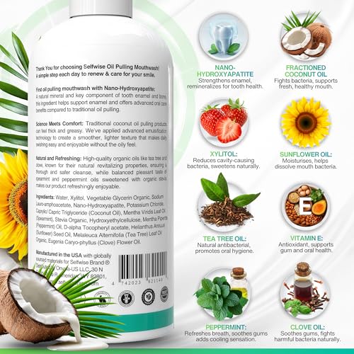 Nano-Hydroxyapatite Oil Pulling Whitening Mouthwash for Teeth and Gums, Natural & Organic, Whitens Teeth, Strengthens Enamel, Fights Bad Breath & Plaque ? Smooth & Non-Greasy ? for Adults - 16oz