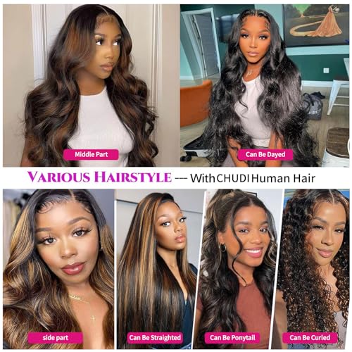CHUDI Highlight Ombre Lace Front Wig Human Hair 210% Density Colored 13x4 HD Transparent Lace Frontal Wigs Glueless Body Wave Wigs Pre Plucked With Baby Hair FB30 Light Brown Balayage Wig 26Inch
