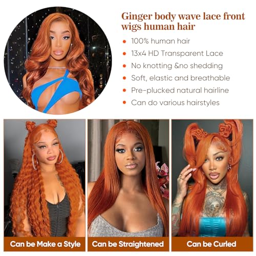 Ginger Lace Front Wigs Human Hair, 13x6 HD Body Wave Ginger Lace Frontal Wigs Human Hair Pre Plucked with Baby Hair,180 Density Glueless 350 Colored Wigs Orange Wig Human Hair for Women 28inch