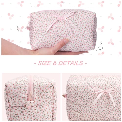 Quilted Makeup Bag, Floral Cosmetic Bag Cute Handmade Aesthetic Pink Toiletry Bag Flower Coquette Accessories Cotton Pouch for Women