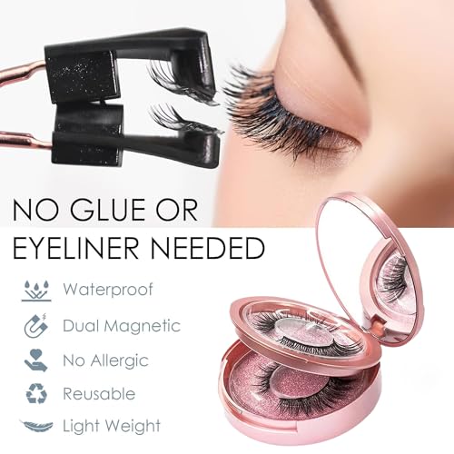 Magnetic Eyelashes, Reusable Fake Eyelashes with Applicator No Glue, Dual Magnetic False Eyelashes without Eyeliner, Natural Look
