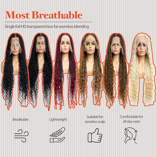 Gypsy Boho Box Braided Wig - Synthetic Knotless Braided Wigs for Black Women - Full Lace Square Parted, Glueless Wig with Natural Baby Hair (#613 Platinum Blonde, 32")