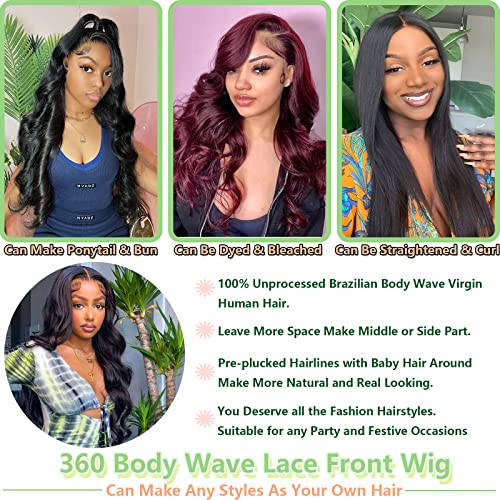 360 Body Wave Lace Front Wigs Human Hair Full Lace Wigs Pre Plucked with Baby Hair Natural Color 360 HD Lace Front Wigs 180% Density 26Inch