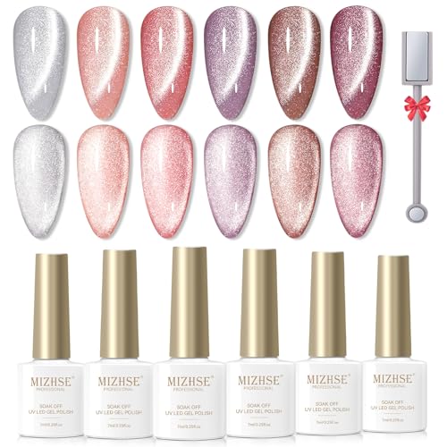 MIZHSE Glitter Cat Eye Gel Nail Polish Set - 6 Colors Holographic Pink Puprle Red Cateye Gel Polish with Magnet Soak Off U V LED Magnetic Gel Polish for DIY Salon Nail Art Home Manicure