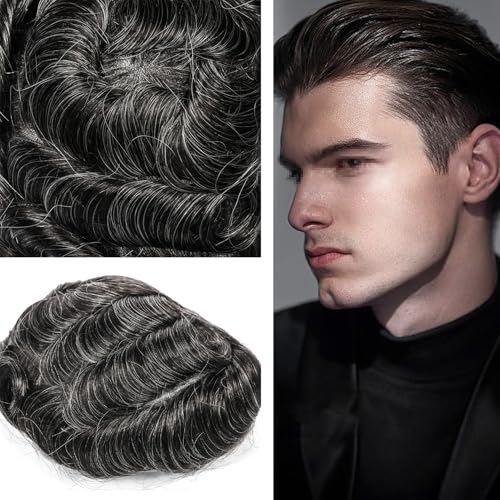 Men Toupee Hair System Human Hair Replacement For Men 0.04mm Ultra Thin Skin Toupee For Men V-looped Hair Piece (220# Darkest Brown with 20% Grey, 8x10"-100% Light Med-Light Density)