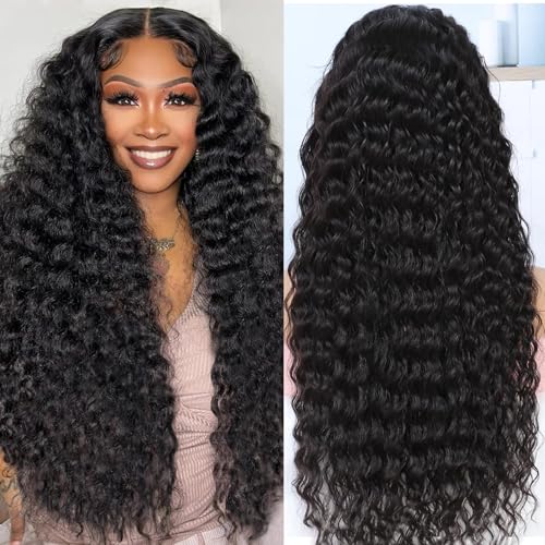 13x6 Deep Wave Lace Front Wigs Human Hair Ture 200 Density 20 Inch Pre Plucked Deep Wave Wig Human Hair 12A Glueless Wet and Wave Curly Lace Frontal Wigs For Women