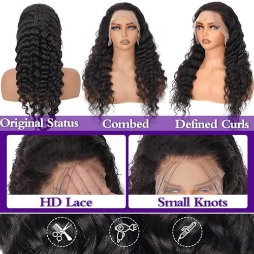 Water Wave Lace Front Wigs Human Hair 13x6 Full Frontal HD Transparent Human Hair Lace Front Wigs for Women 180% Density Deep Curly Human hair Wigs Wet And Wavy Pre Plucked with Baby Hair 30 Inch