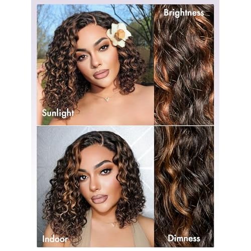 LUVME HAIR 12" Curly Glueless Wigs Human Hair Pre Plucked Pre Cut, Undetectable HD Lace Curly Bob Wig Human Hair Short Black Wig with Blonde Highlights Ready to Go Wig 180 Density