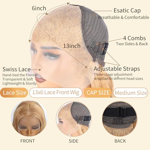32 Inch 13x6 Honey Blonde Body Wave HD Lace Front Wigs Human Hair Pre Plucked Honey Blonde Wig Human Hair 27# Colored 200% Density Glueless Wigs for Women