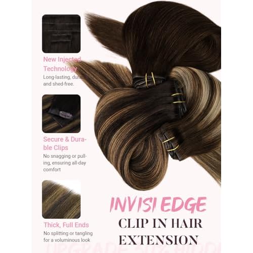 MAXITA Invisi Edge & Seamless Clip in Hair Extensions Real Human Hair, 18 in, 7pcs 110g Balayage Dark Brown Mixed Chestnut Brown,100% Remy Human Hair Extensions for Women