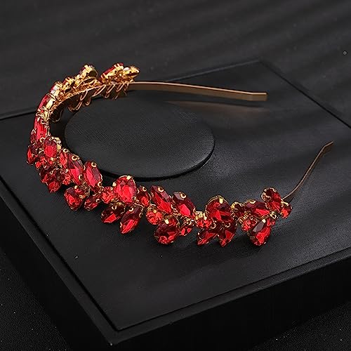 Teyglen Crystal Wedding Crown Bridal Red Rhinestone Tiara Headband Full Blue Black Pink Pieces Handmade Rhinestone Headpieces Hair Accessories for Women Party Prom Birthday (Red)