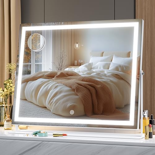 Hasipu Vanity Mirror with Lights, 19.6" x 15.7" LED Makeup Mirror, 3 Color Modes Touch Control and Brightness Adjustment Lighting Mirror, 10X Magnifying Glass, 360¡Æ Rotation