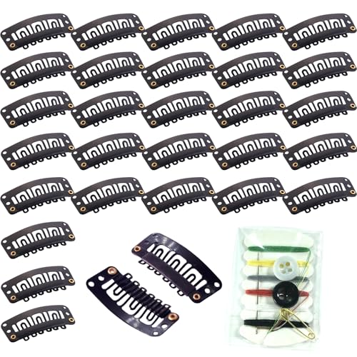 30 Pieces Wig Clips to Secure, Flat Hair Clip, Hair Extension Clip with Thread Kit, Hair Extensions Clip for Women, Bangs Hair Clip DIY Set for Kids and Pets, Black Chunni Clips
