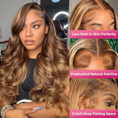 Ombre Honey Blonde Lace Front Wig Human Hair 13x6 Highlight Body Wave Lace Front Wig Glueless Pre Plucked With Baby Hair P4/27 HD Lace Frontal Wig 200% Density Colored Wigs 32 Inch