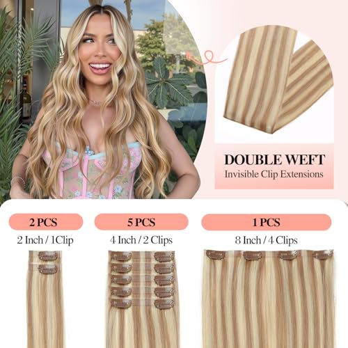 Invisable Edge Clip in Hair Extensions Real Human Hair 120G Mixed Bleach Blonde Hair Extensions 18 Inch PU Clip Ins 8PCS Straight Highlight Blonde Clip in Extensions for Women(18/613#)