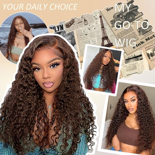 Chocolate Brown Wig 4x4 Hd Lace Front Wig For Black Women Wear And Go Glueless Wigs Human Hair Pre Plucked Pre Cut Colored Water Wave Wavy Chocolate Brown Glueless Wigs Curly Wig Human Hair #4 22inch