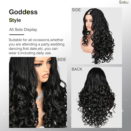 SOKU Long Curly V Part Wig 22 Inch Natural Black Curly Half Wig Upgrade U Part Synthetic Hair Daily Wigs Ready to Wear Glueless for Black Women