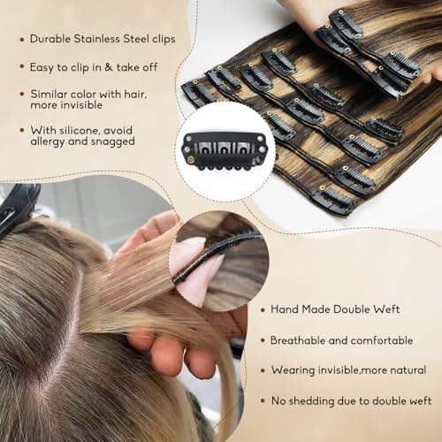 Clip in Hair Extensions Real Human Hair 16inch 8pcs 90g Seamless Balayage Dark Brown Hair Extensions Clip Ins Double Weft Dark Brown Highlight Chestnut Brown Invisible Straight Remy Human Hair